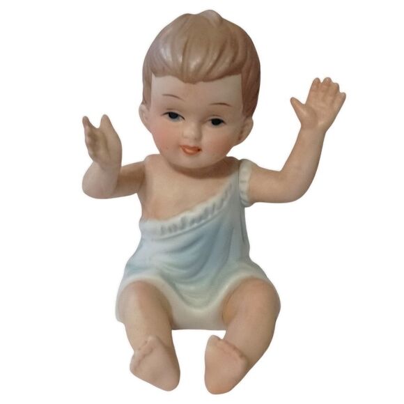Vintage Piano Baby Bisque Porcelain Figure Blue Boy Arms Up 3.5" Handpainted - Picture 9 of 16